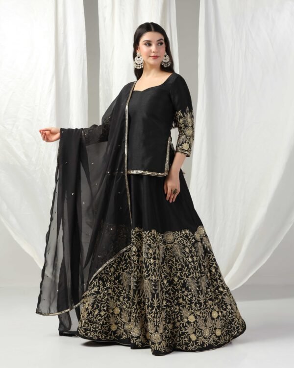 Pret a Porter Designer Black Raw Silk Lehenga Set - Image 6