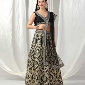 Pret a Porter Designer Black Raw Silk Gotta Patti Lehenga Set