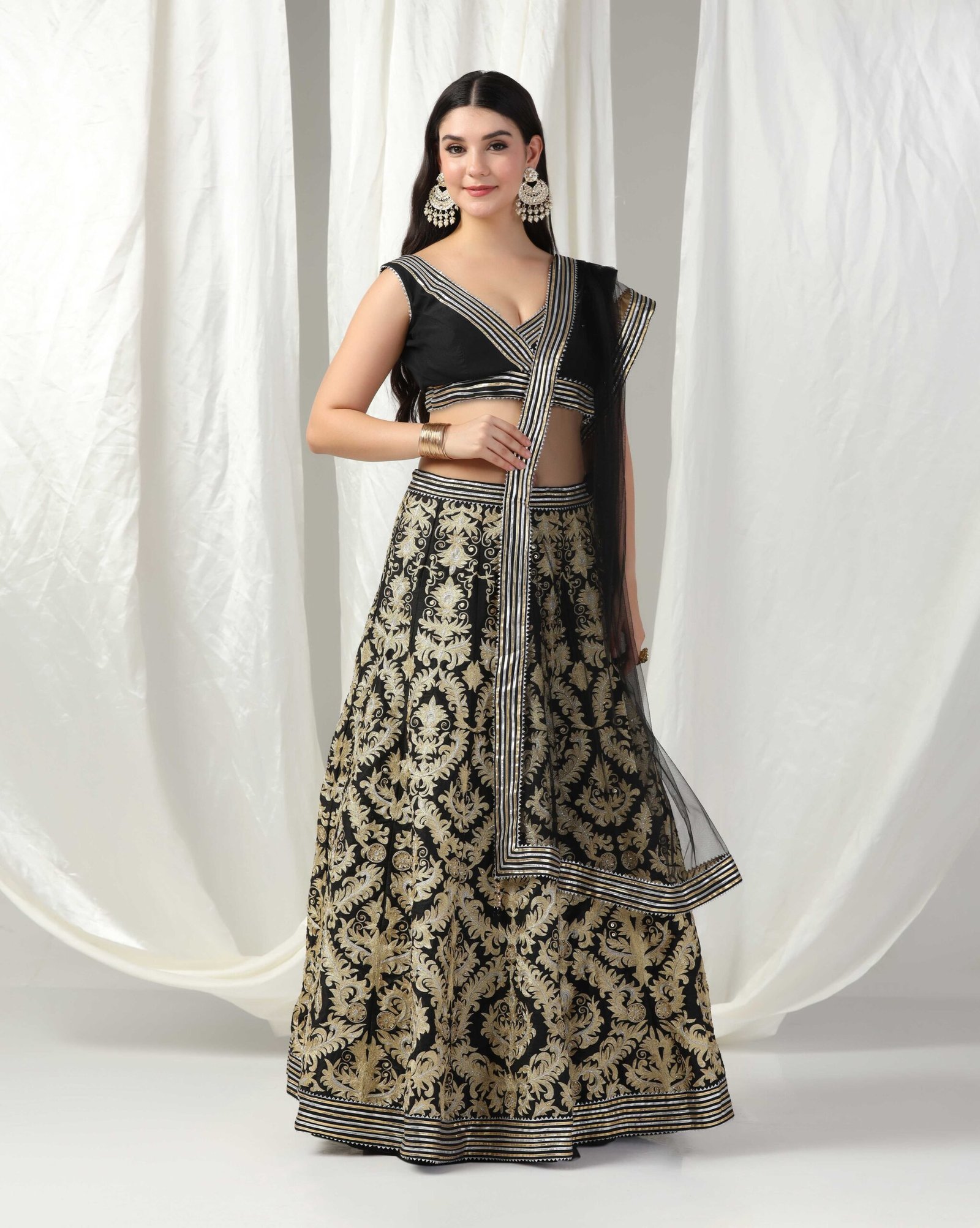 Pret a Porter Designer Black Raw Silk Gotta Patti Lehenga Set