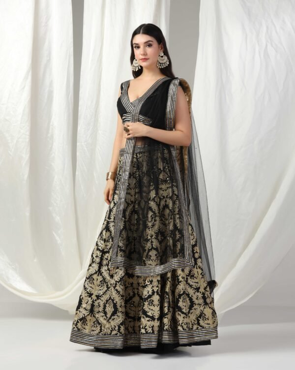 Pret a Porter Designer Black Raw Silk Gotta Patti Lehenga Set - Image 2