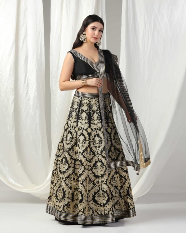 Pret a Porter Designer Black Raw Silk Gotta Patti Lehenga Set - Image 3