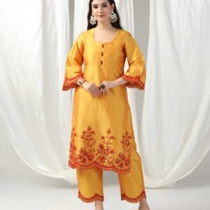 Pret a Porter Yellow Raw Silk Embroidered Kurti Set
