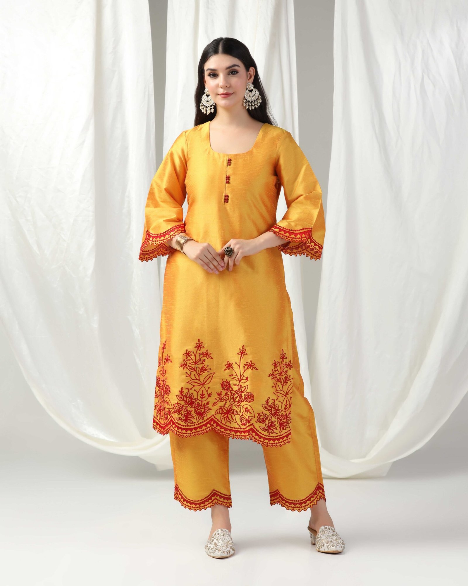 Pret a Porter Yellow Raw Silk Embroidered Kurti Set