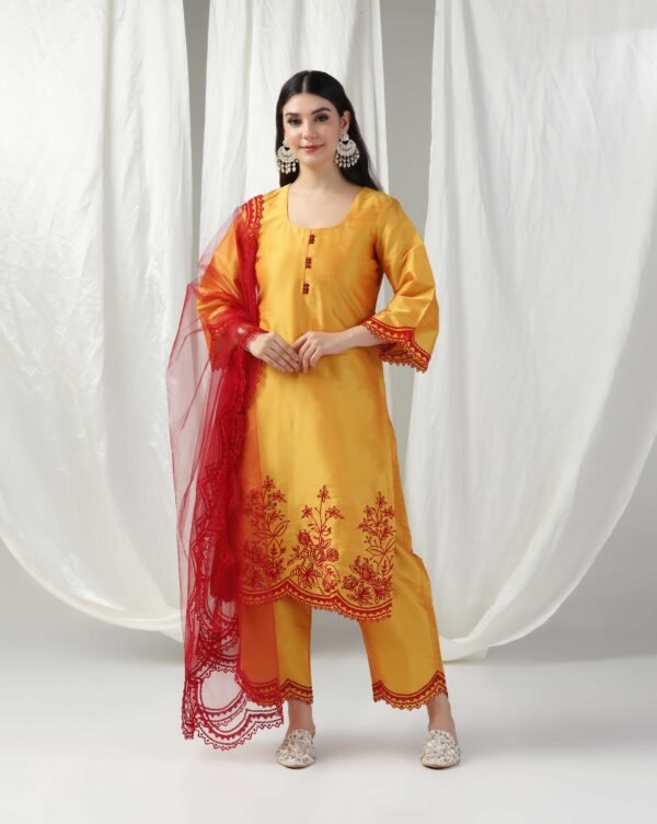 Pret a Porter Yellow Raw Silk Embroidered Kurti Set - Image 2