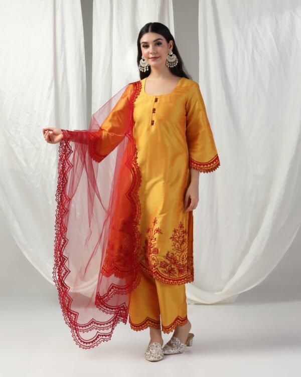 Pret a Porter Yellow Raw Silk Embroidered Kurti Set - Image 3