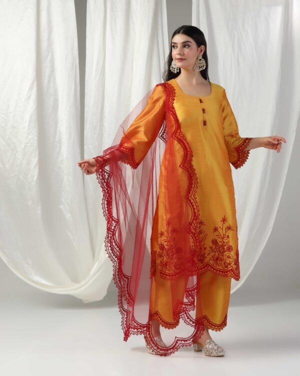 Pret a Porter Yellow Raw Silk Embroidered Kurti Set - Image 4