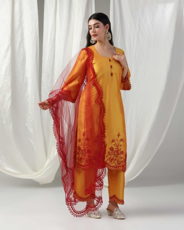 Pret a Porter Yellow Raw Silk Embroidered Kurti Set - Image 5
