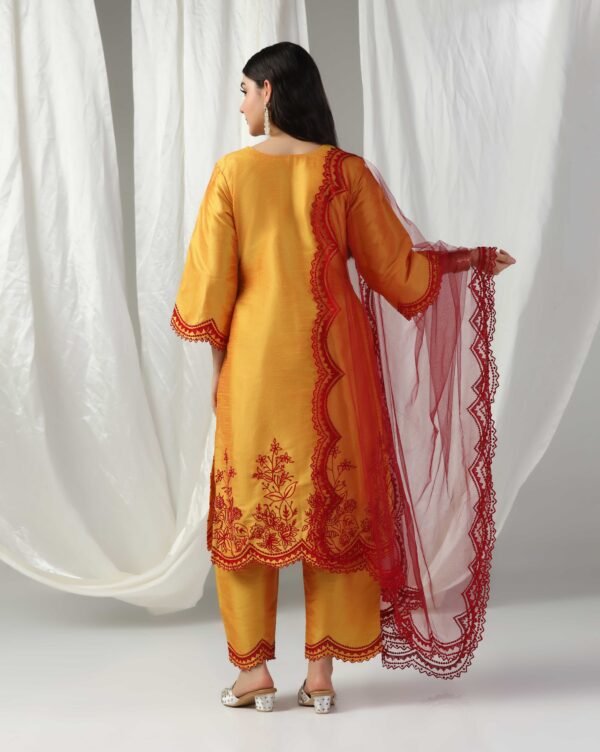 Pret a Porter Yellow Raw Silk Embroidered Kurti Set - Image 6