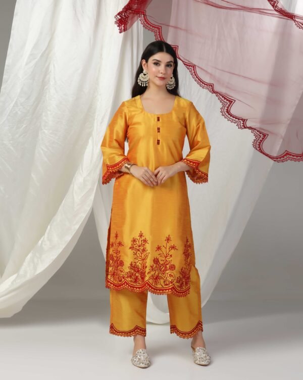 Pret a Porter Yellow Raw Silk Embroidered Kurti Set - Image 7