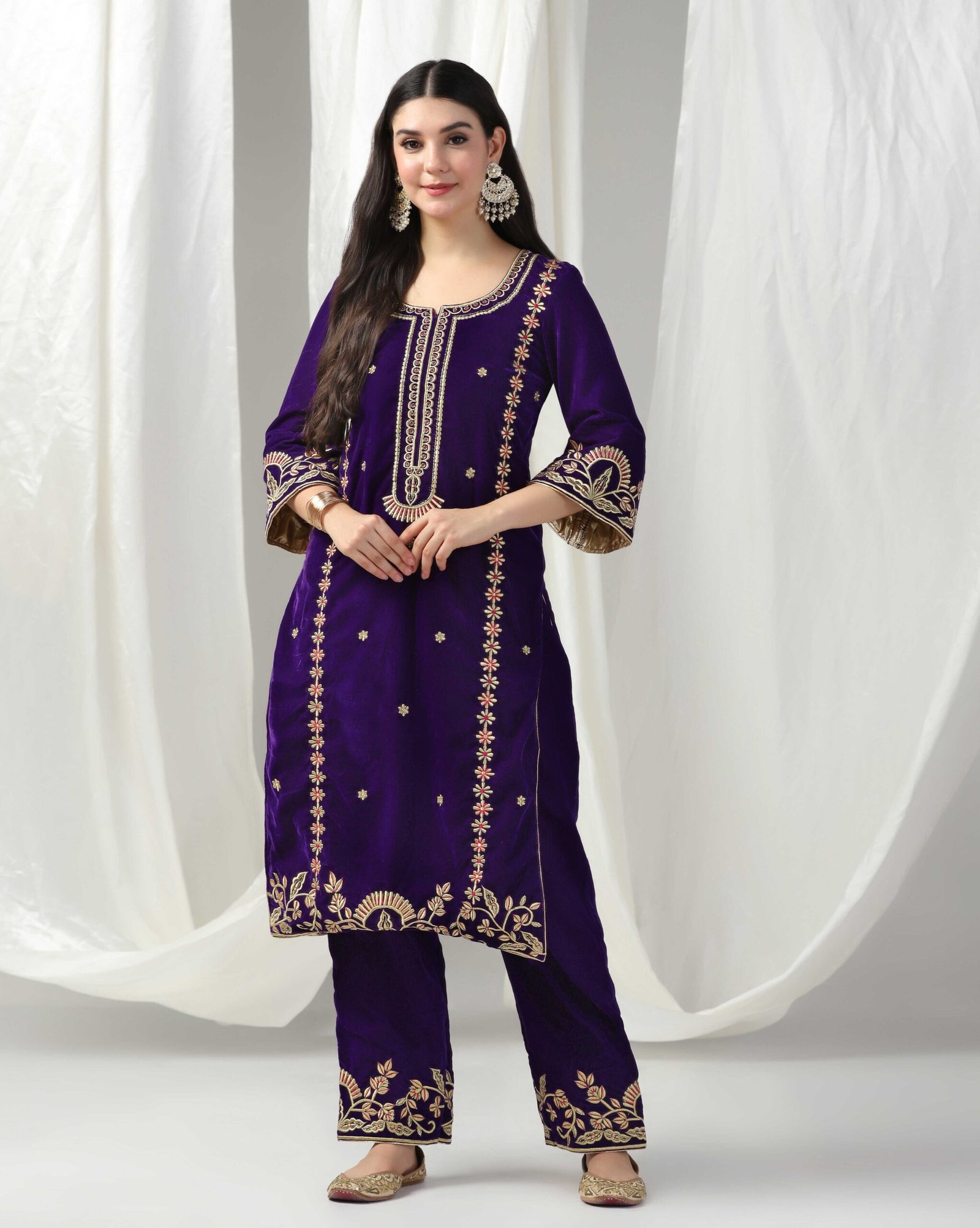 Pret a Porter Purple Velvet Kurti Suit with Pants & Dupatta