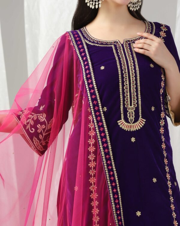 Pret a Porter Purple Velvet Kurti Suit with Pants & Dupatta - Image 11