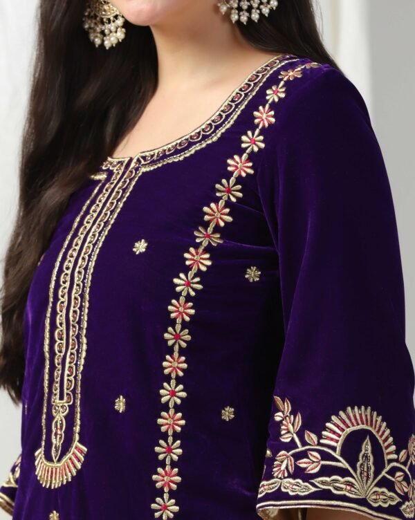 Pret a Porter Purple Velvet Kurti Suit with Pants & Dupatta - Image 2