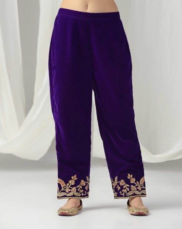 Pret a Porter Purple Velvet Kurti Suit with Pants & Dupatta - Image 3