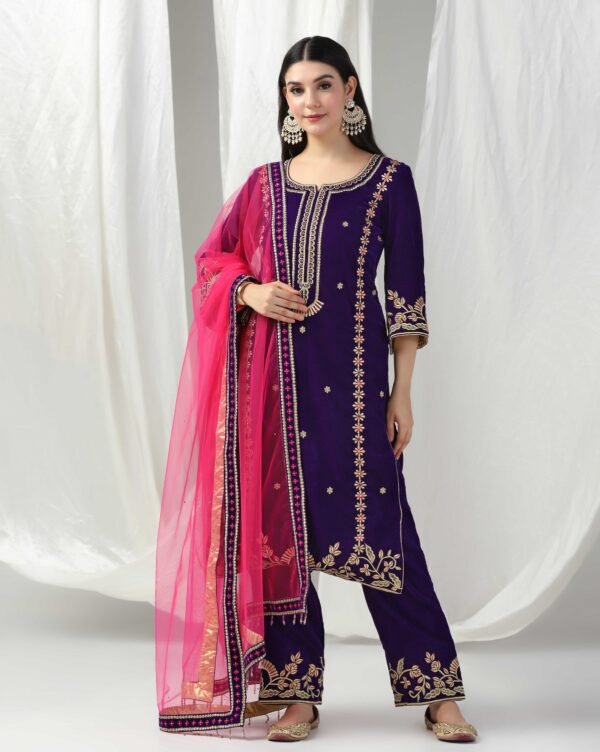 Pret a Porter Purple Velvet Kurti Suit with Pants & Dupatta - Image 4