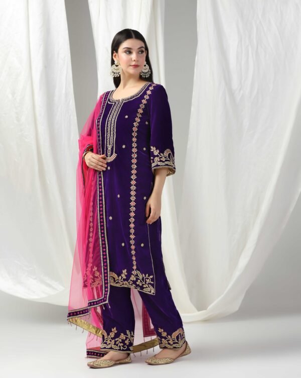 Pret a Porter Purple Velvet Kurti Suit with Pants & Dupatta - Image 5