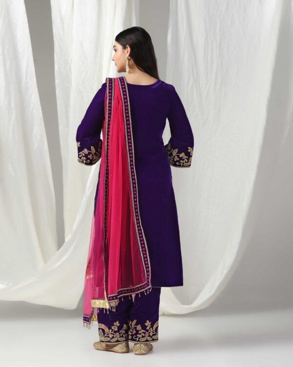 Pret a Porter Purple Velvet Kurti Suit with Pants & Dupatta - Image 6