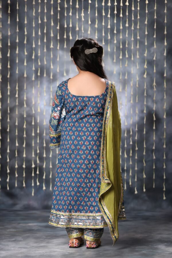 Blue Jaipuri Double Print Long Kurta Suit Set - Image 3
