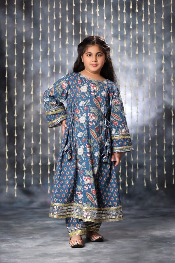 Blue Jaipuri Double Print Long Kurta Suit Set - Image 4