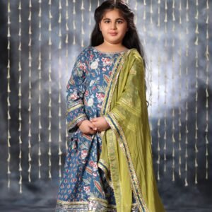 Blue Jaipuri Double Print Long Kurta Suit Set