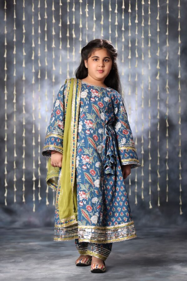 Blue Jaipuri Double Print Long Kurta Suit Set - Image 2