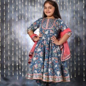Blue Jaipuri Double Print Anarkali with Dhoti Salwar Suit Set