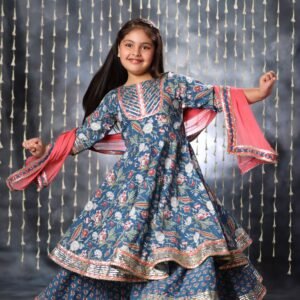 Blue Jaipuri Double Print Anarkali with Palazzo Suit Set