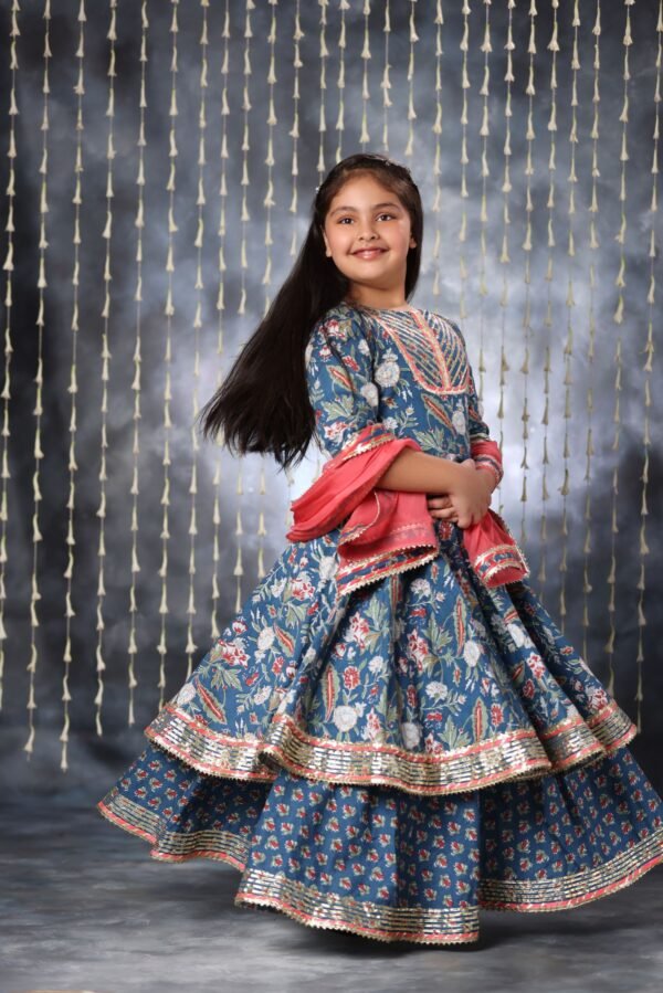 Blue Jaipuri Double Print Anarkali with Palazzo Suit Set - Image 2