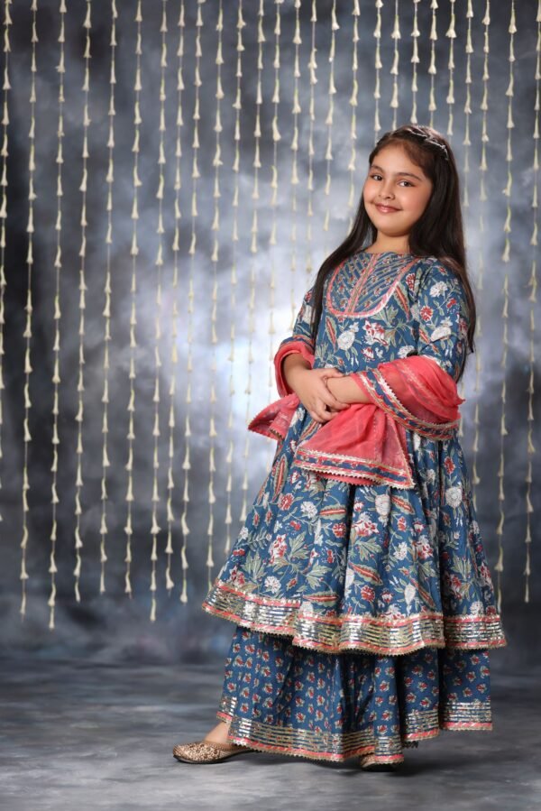 Blue Jaipuri Double Print Anarkali with Palazzo Suit Set - Image 3
