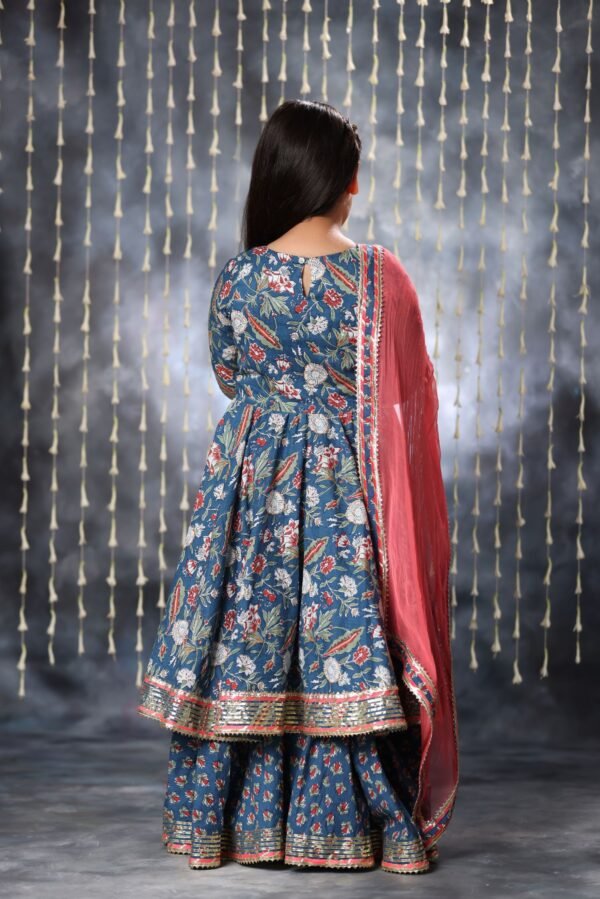 Blue Jaipuri Double Print Anarkali with Palazzo Suit Set - Image 4