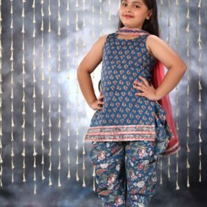 Blue Jaipuri Double Print Short Kurti with Dhoti Salwar Suit Set