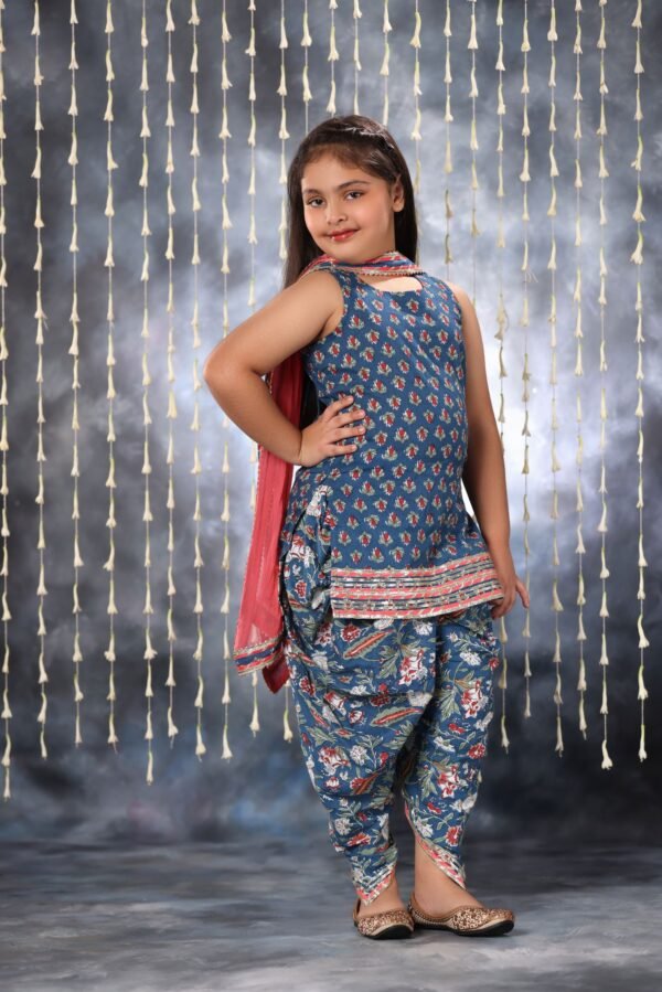 Blue Jaipuri Double Print Short Kurti with Dhoti Salwar Suit Set - Image 2