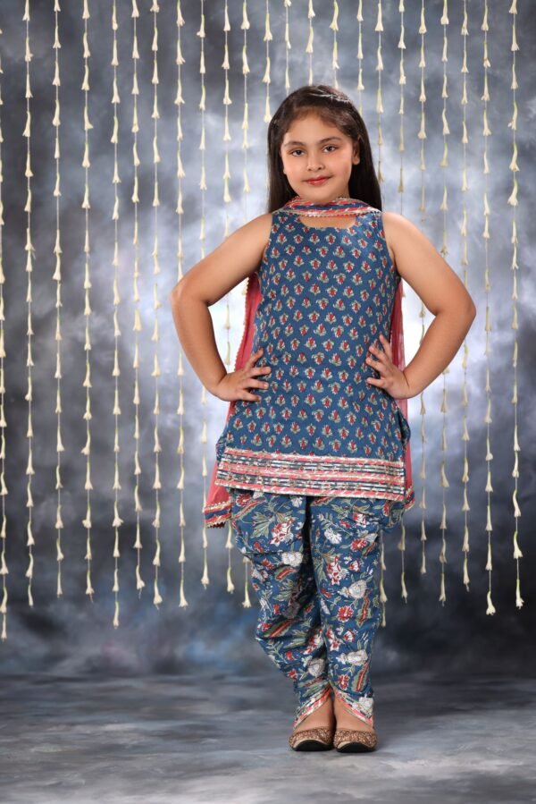 Blue Jaipuri Double Print Short Kurti with Dhoti Salwar Suit Set - Image 3