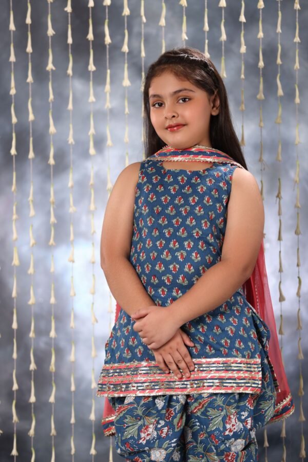 Blue Jaipuri Double Print Short Kurti with Dhoti Salwar Suit Set - Image 4