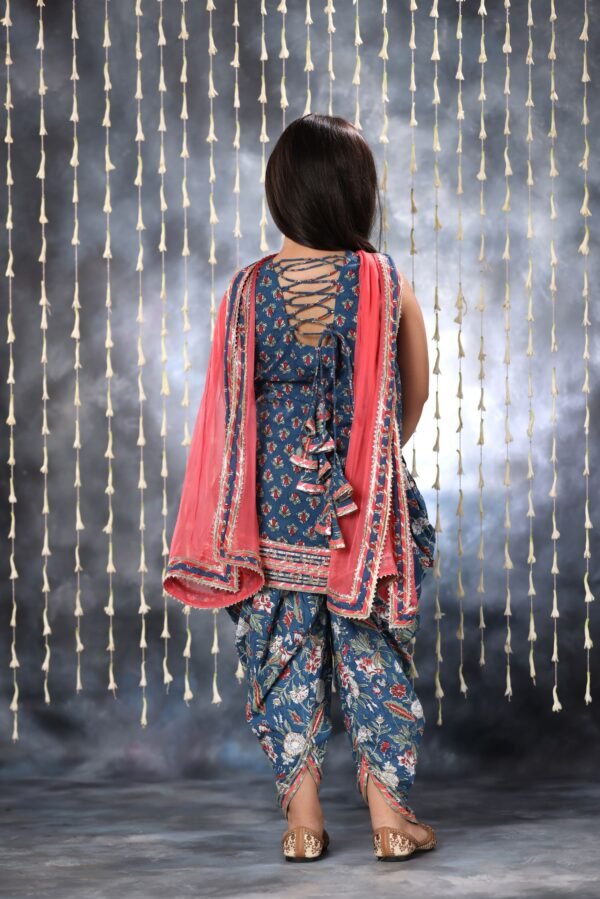 Blue Jaipuri Double Print Short Kurti with Dhoti Salwar Suit Set - Image 5