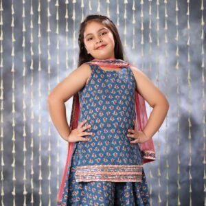 Blue Jaipuri Double Print Short Kurti with Flared Palazzo Suit Set