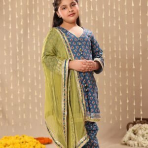 Red Jaipuri Ikat Print High-Low Anarkali with Pant Suit Set