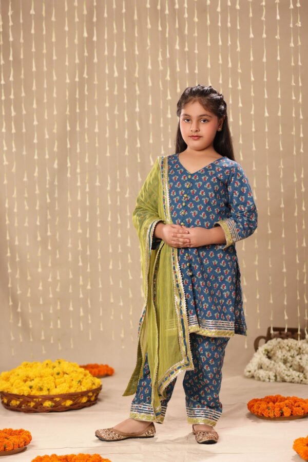 Blue Jaipuri Front Open Straight Kurta with Pant Suit Set - Image 5