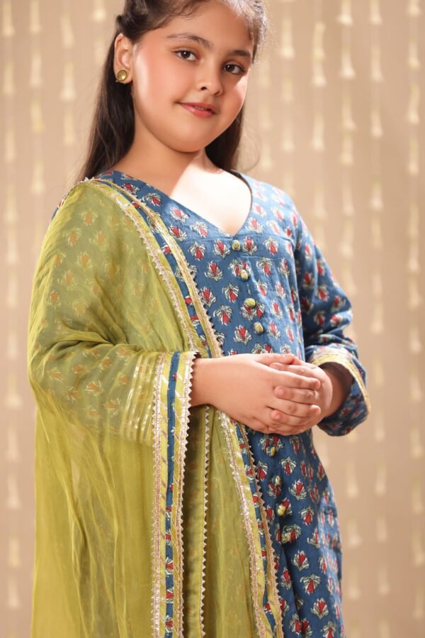 Blue Jaipuri Front Open Straight Kurta with Pant Suit Set - Image 4
