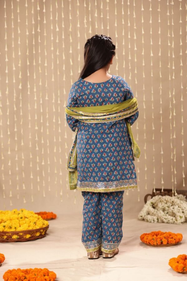 Blue Jaipuri Front Open Straight Kurta with Pant Suit Set - Image 3