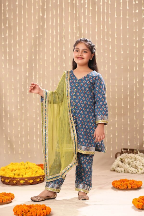 Blue Jaipuri Front Open Straight Kurta with Pant Suit Set - Image 2