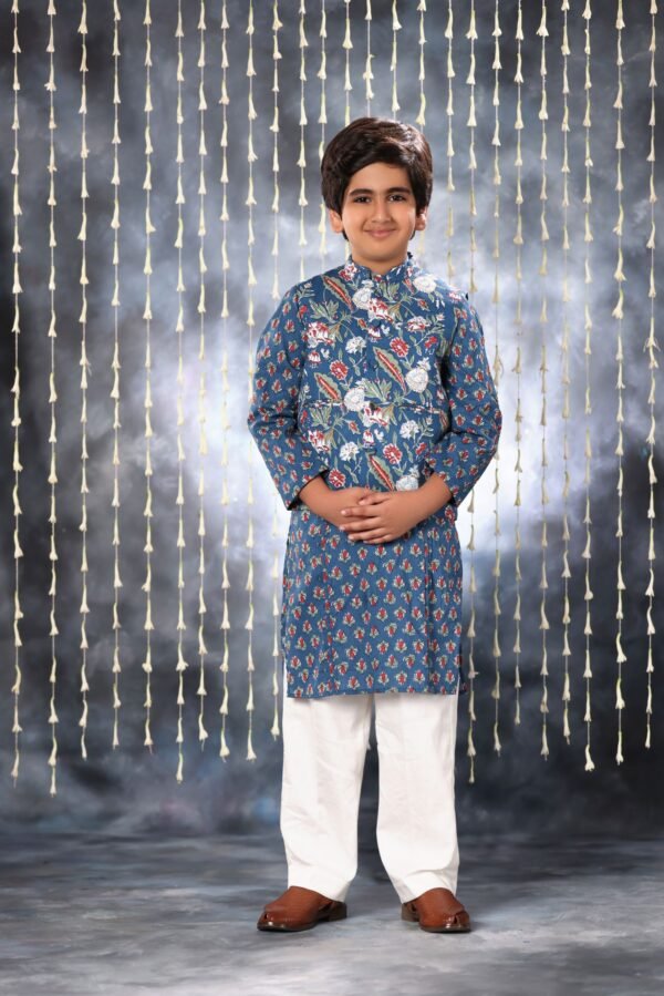 Blue Jaipuri Handblock Buti Print Kurta with White Pant Co-ord Set and Blue Floral Jacket - Image 2