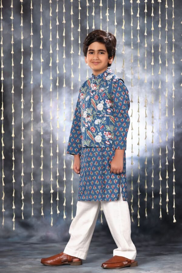 Blue Jaipuri Handblock Buti Print Kurta with White Pant Co-ord Set and Blue Floral Jacket - Image 3