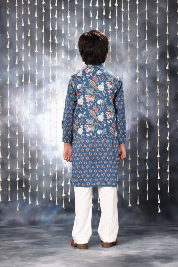 Blue Jaipuri Handblock Buti Print Kurta with White Pant Co-ord Set and Blue Floral Jacket - Image 4
