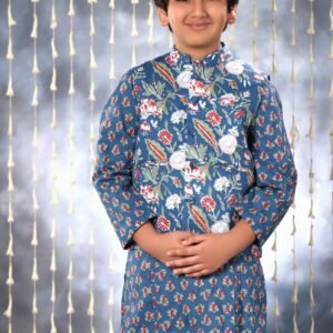 Blue Jaipuri Handblock Buti Print Kurta with White Pant Co-ord Set and Blue Floral Jacket