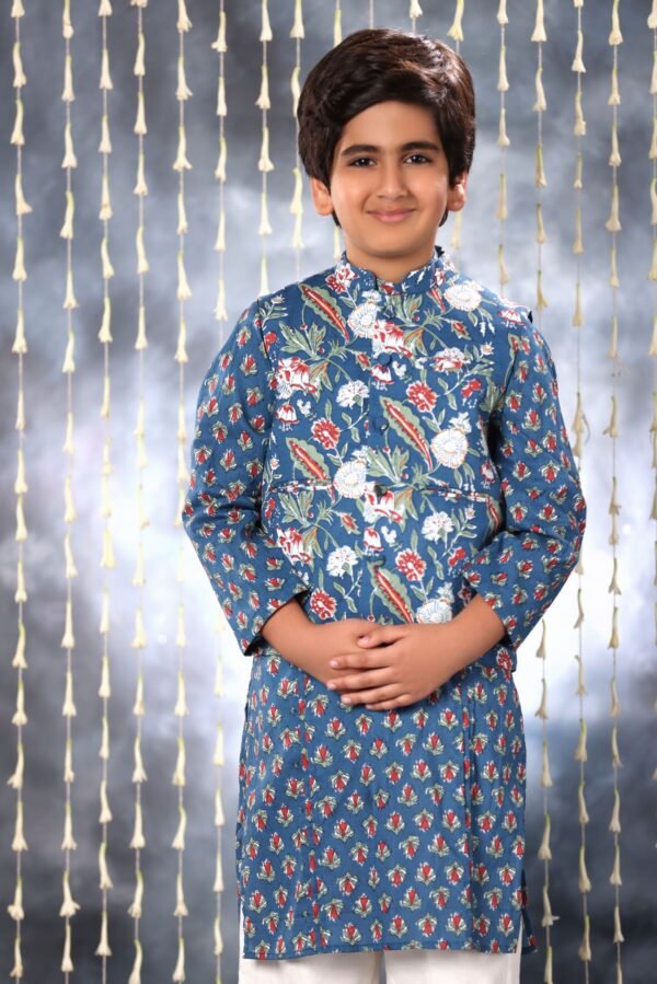 Blue Jaipuri Handblock Buti Print Kurta with White Pant Co-ord Set and Blue Floral Jacket