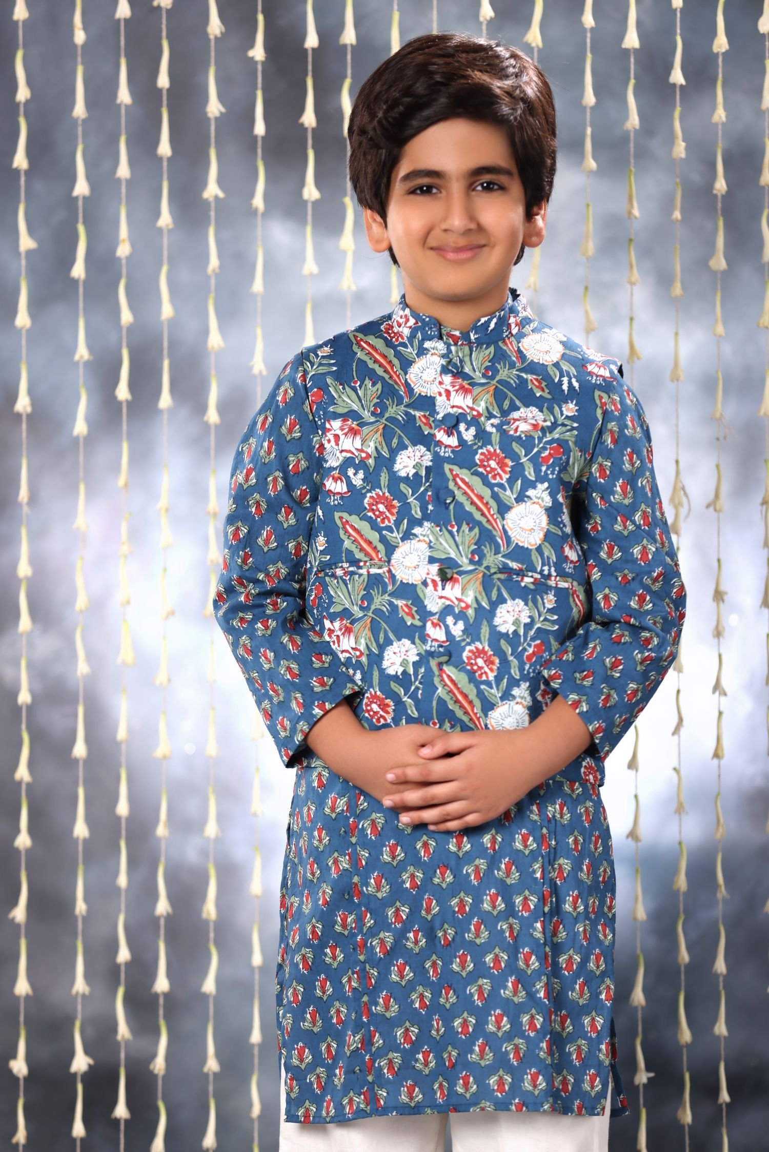 Blue Jaipuri Handblock Buti Print Kurta with White Pant Co-ord Set and Blue Floral Jacket