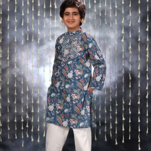 Blue Jaipuri Handblock Floral Print Kurta with White Pant Co-ord Set