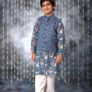 Blue Jaipuri Handblock Floral Print Kurta with White Pant Co-ord Set and Blue Buti Jacket