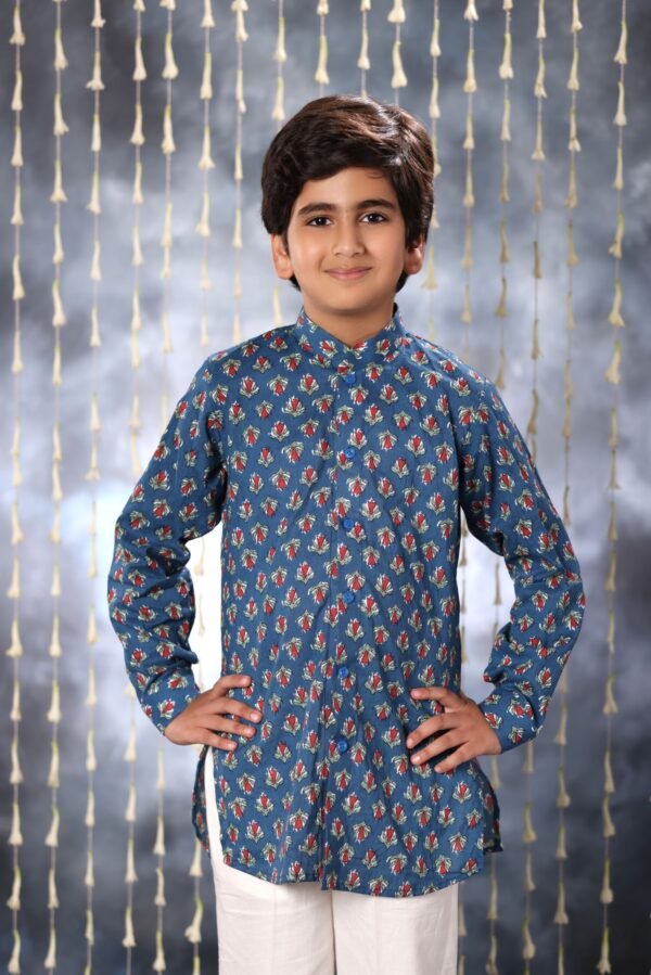 Blue Jaipuri Handblock Print Short Kurta Shirt Co-ord Set - Image 4