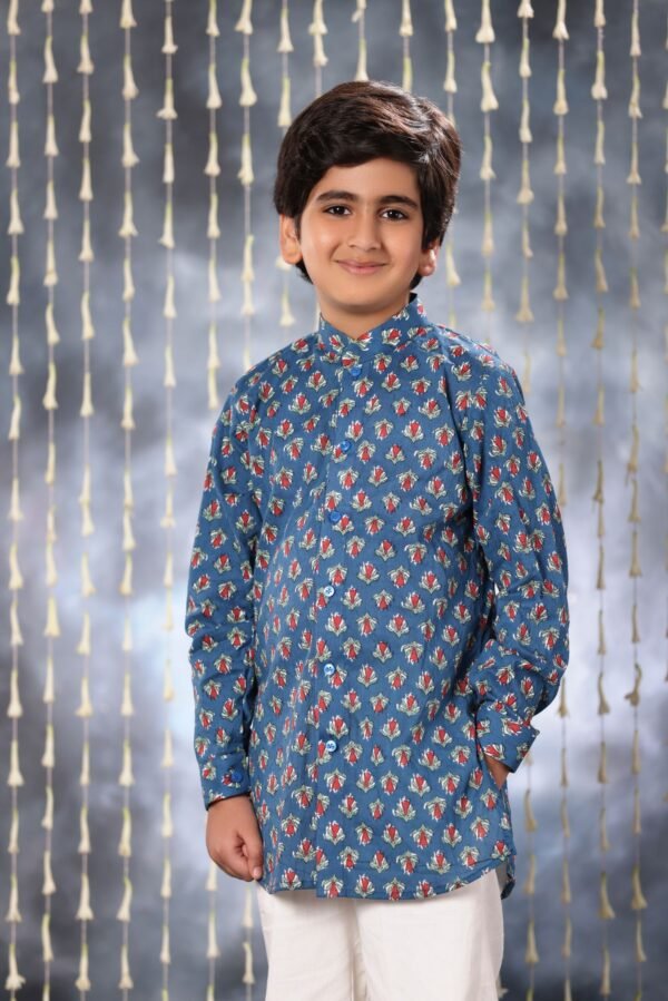 Blue Jaipuri Handblock Print Short Kurta Shirt Co-ord Set - Image 5